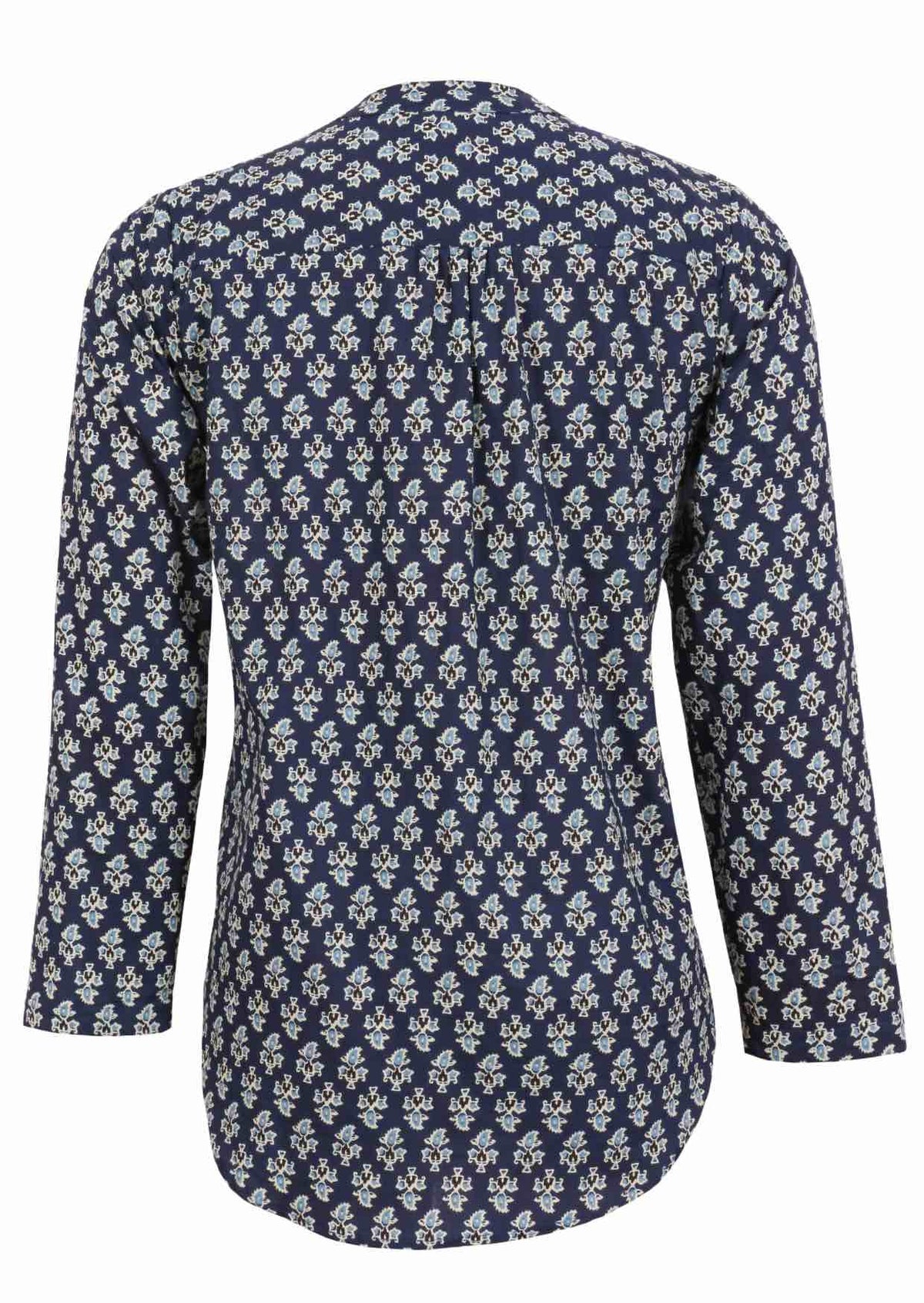 Back view of 100% cotton top with navy blue based floral print