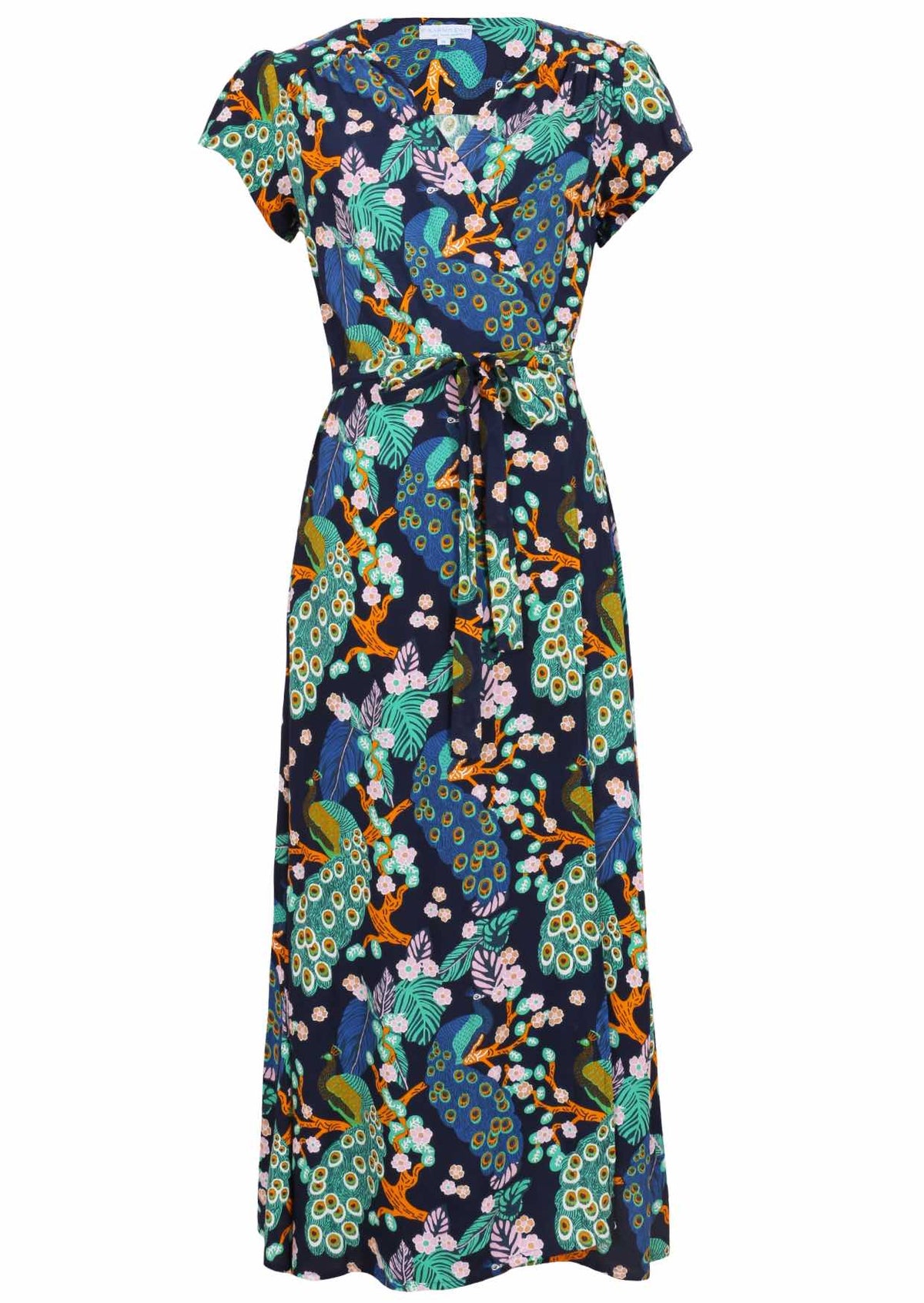 Blue based floral print Rayon dress with V-neckline.