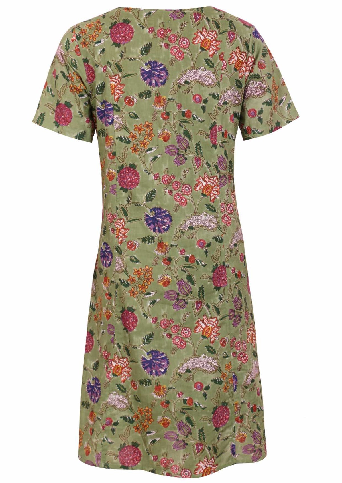 Green based multi coloured folk art style florals cotton dress with short sleeves.