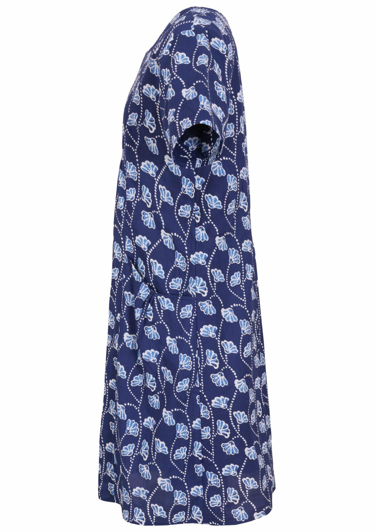 Side view of cotton dress with round neckline and short sleeves in navy blue based floral print.