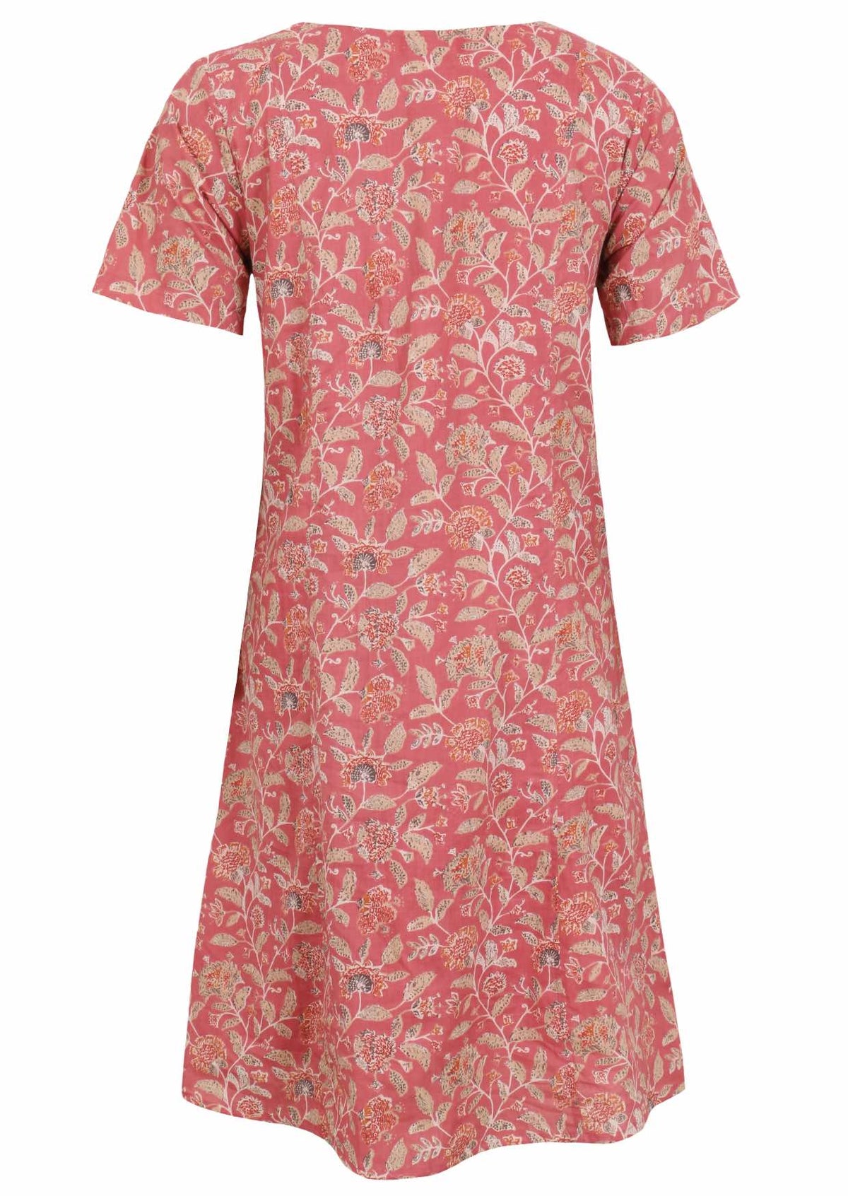 Back view of cotton dress with round neckline in rose pink based floral print.