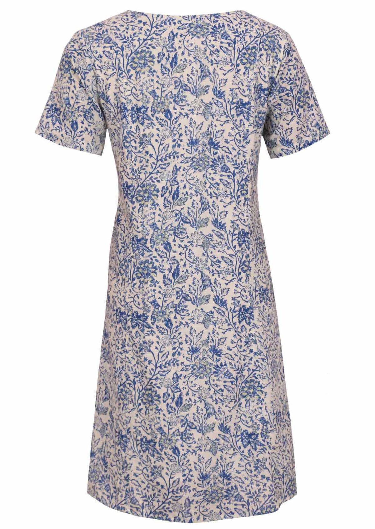 White based blue floral printed cotton dress with white background.