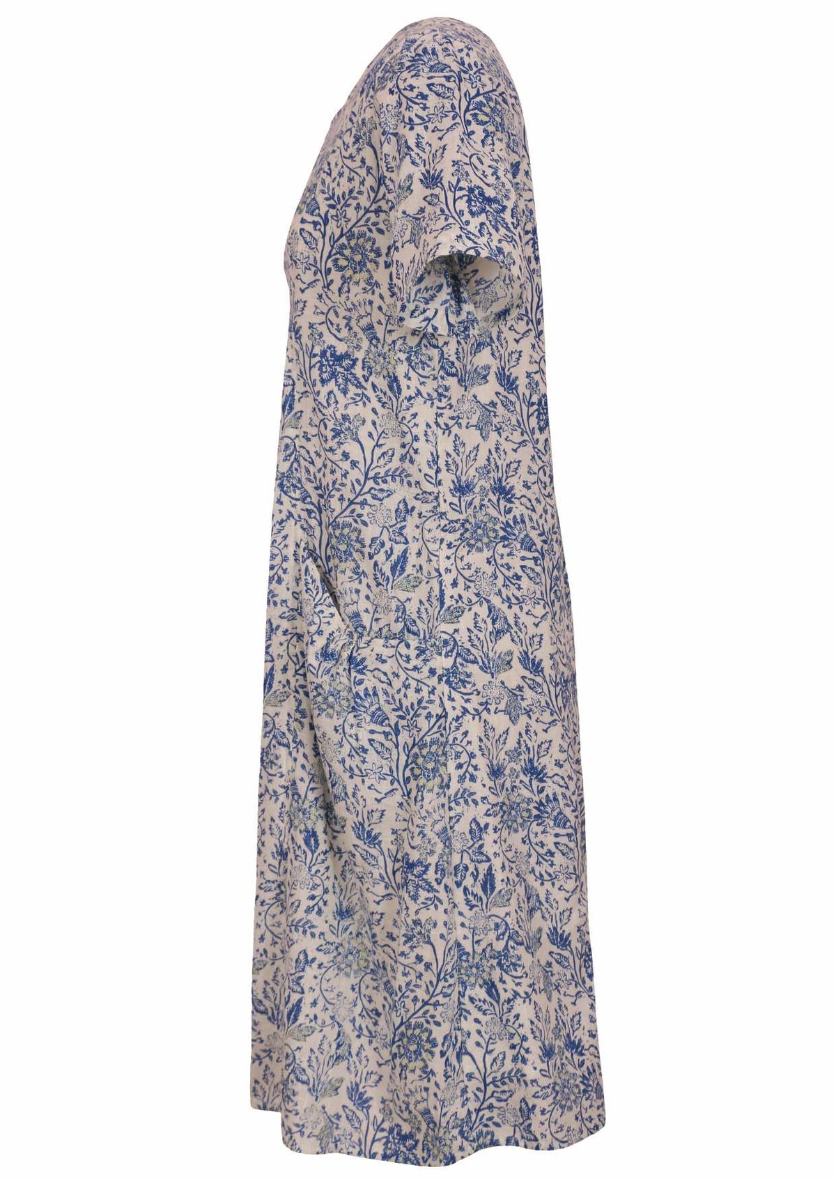 White based blue floral printed cotton short dress.