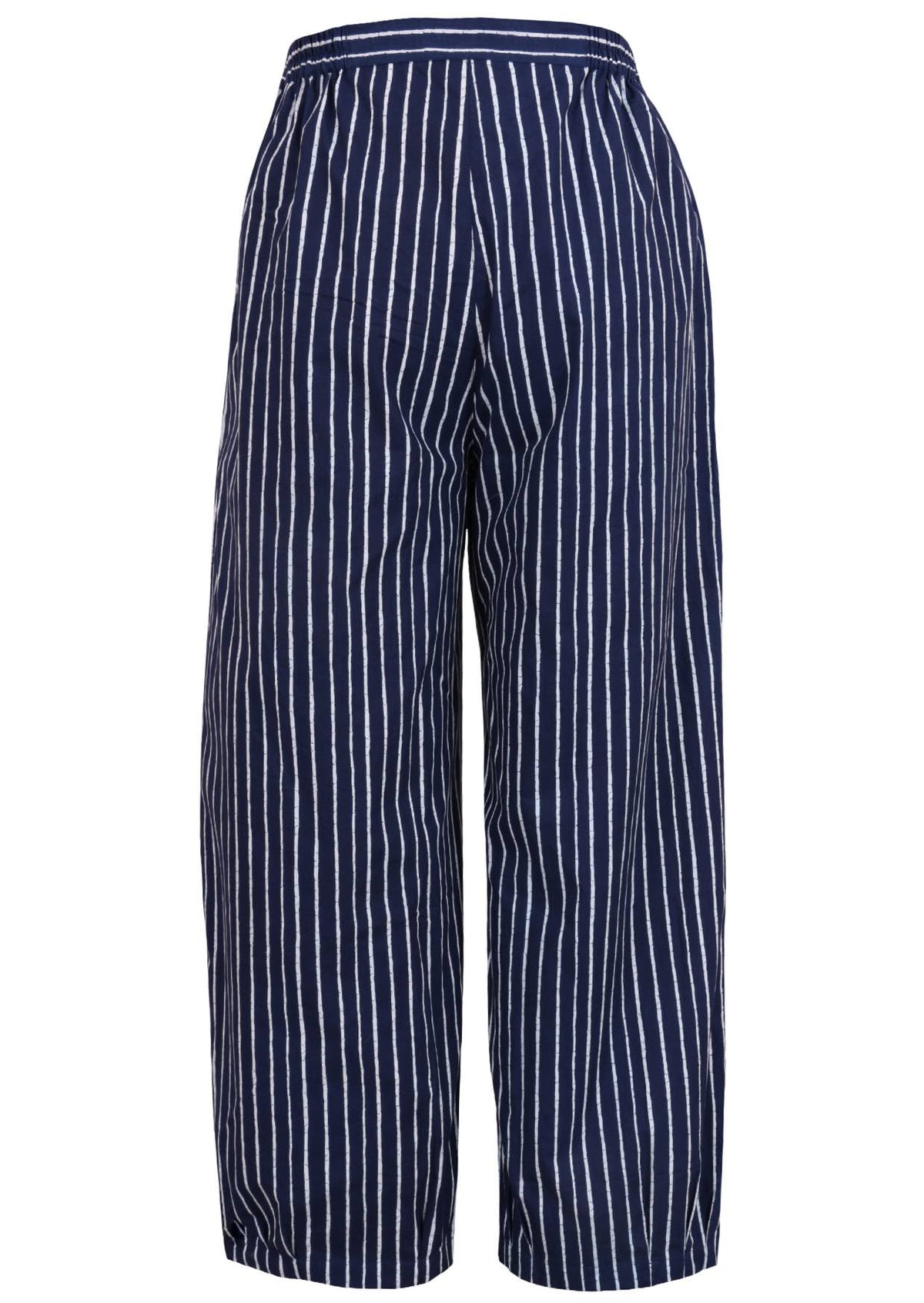 Back view of navy blue based print pants with elastic waist