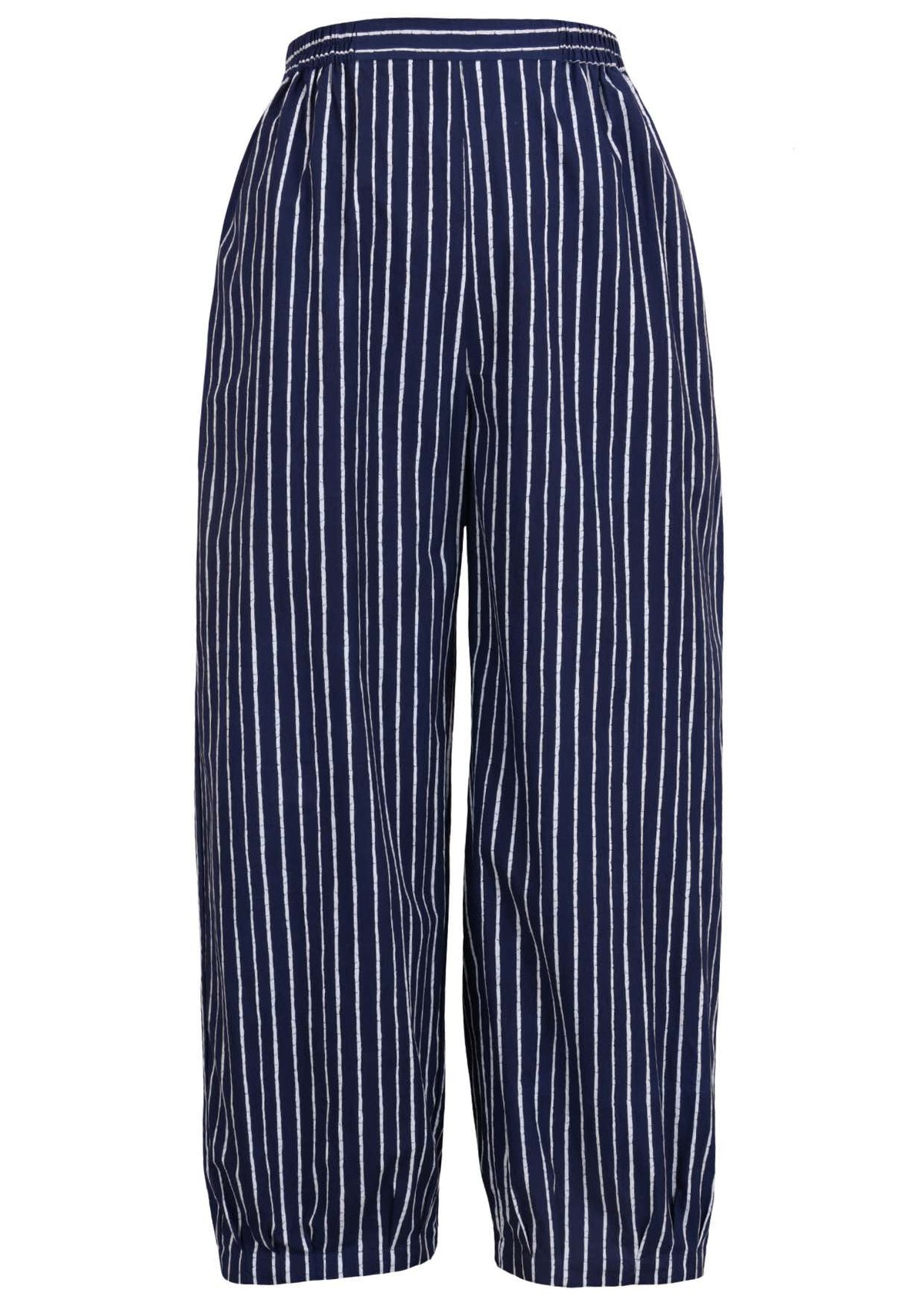 Navy blue based print pants on a white background