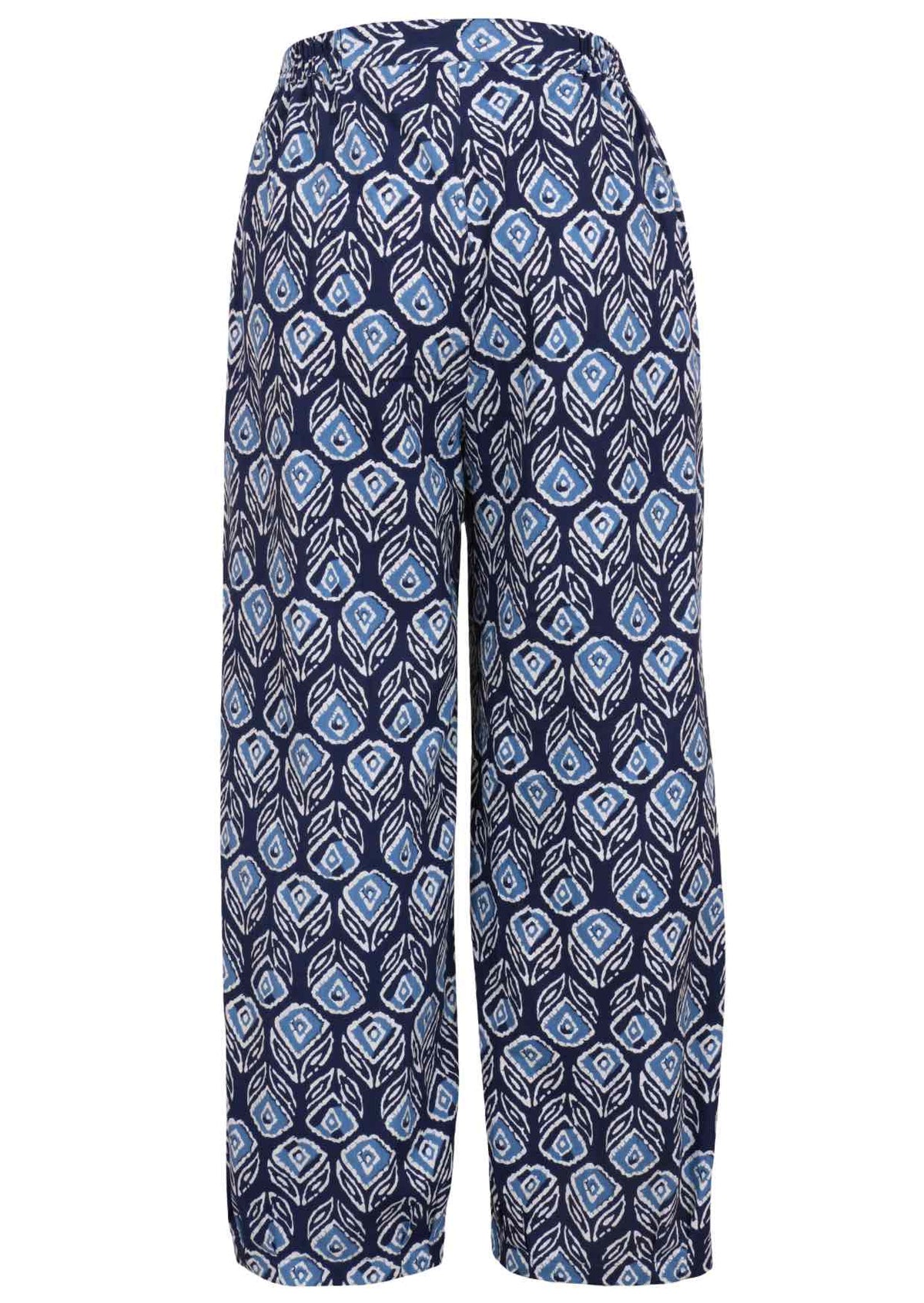 Back view of navy blue based print pants with elastic waist