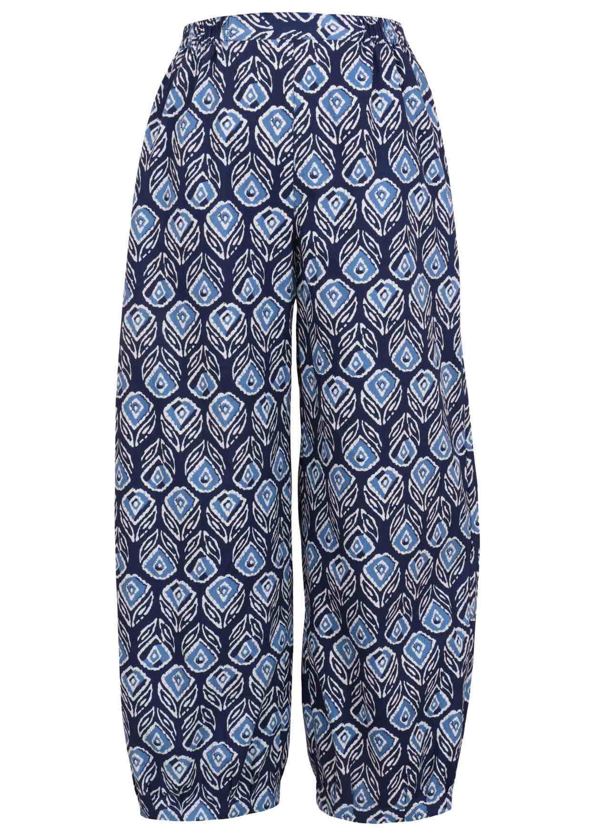 Navy blue based print pants on a white background