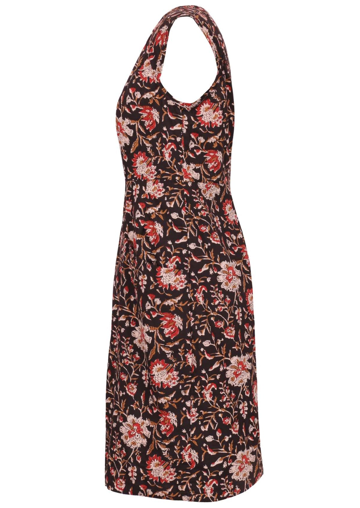 Black based traditional Indian floral print cotton dress with cap sleeves.