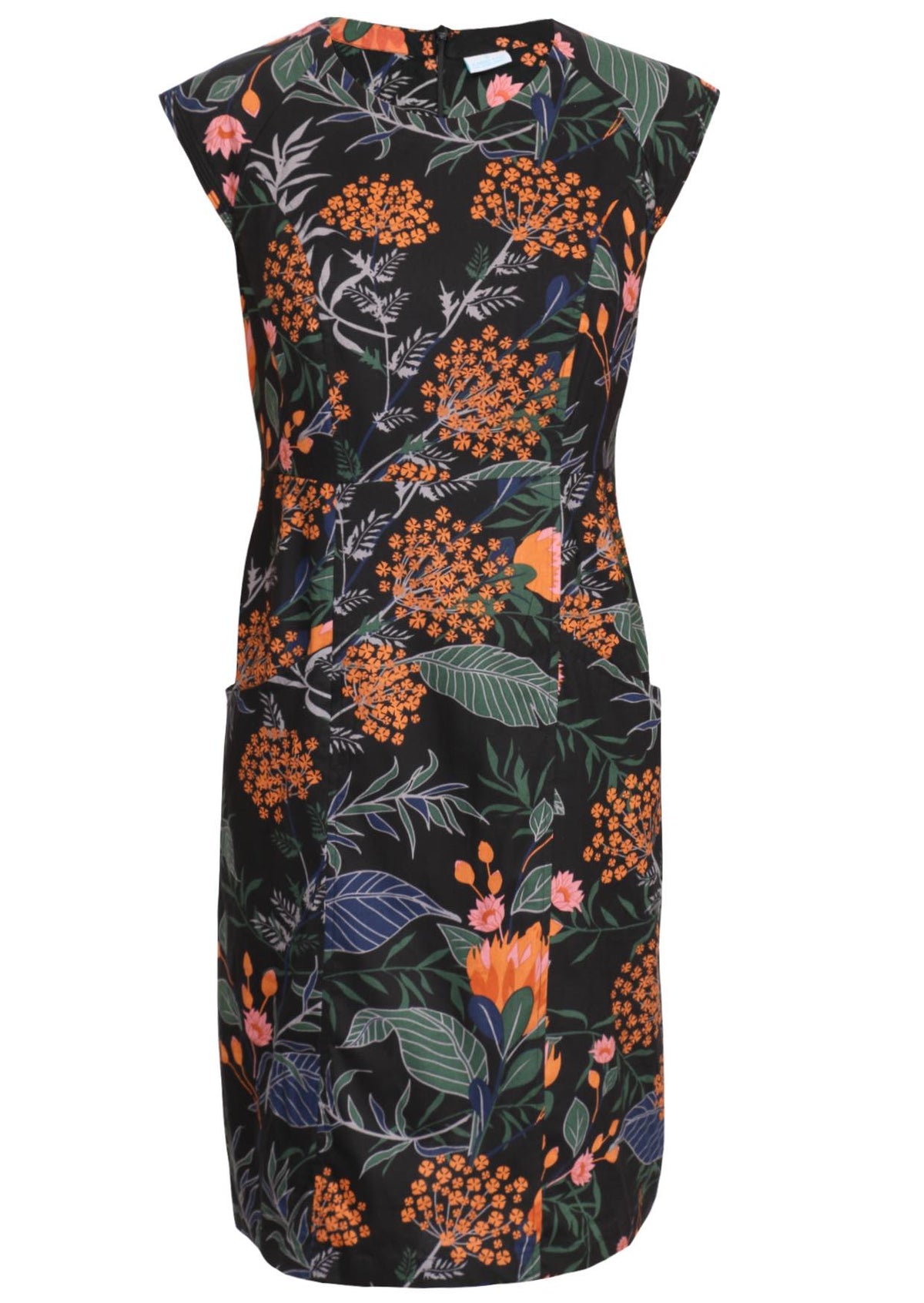 100% cotton knee length dress with slight a- skirt, raglan cap sleeves, pockets and high round neckline