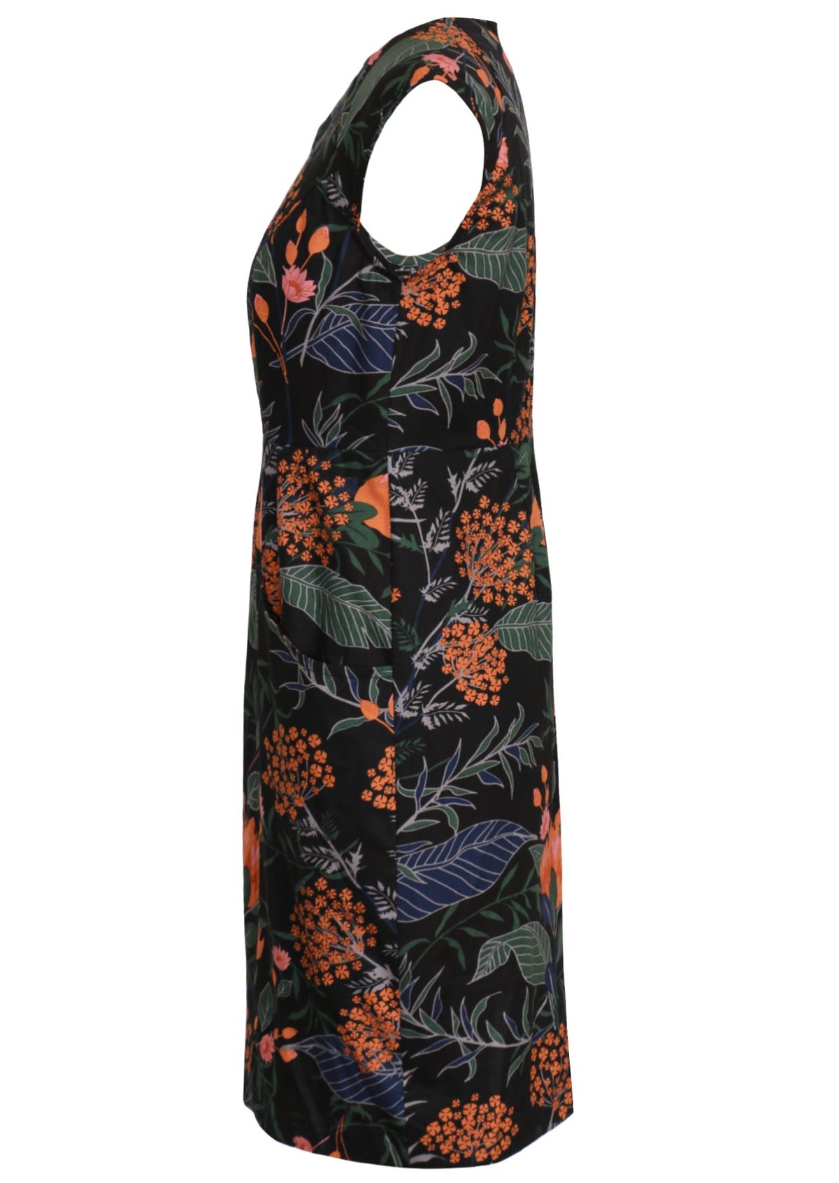Black based botanical print cotton dress with high round neck, raglan cap sleeves and pockets side view