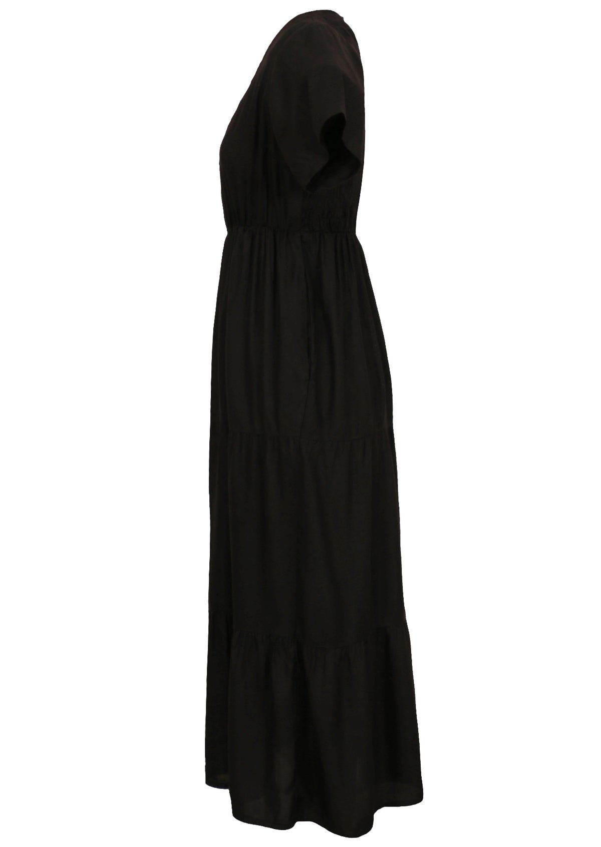 Black rayon maxi dress with short sleeves, a tiered skirt, and hidden side pockets