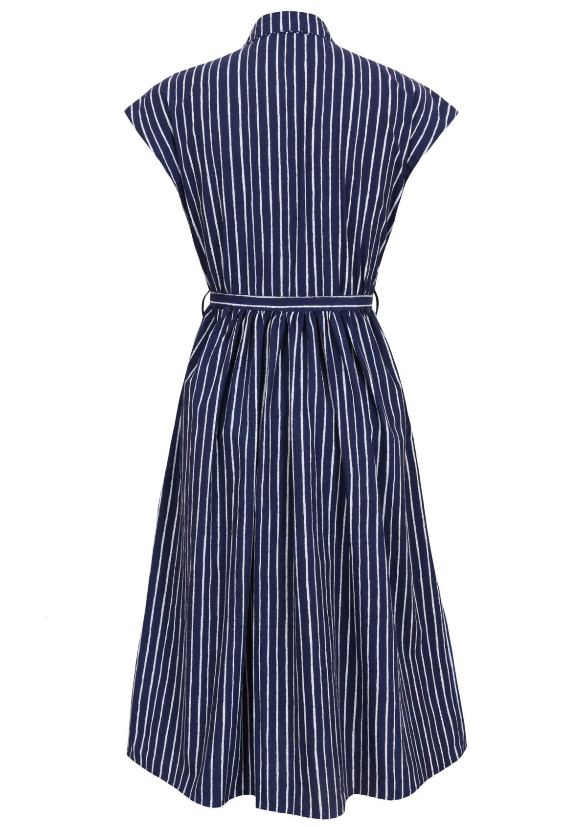 Back view of navy blue based print cotton cap sleeves dress.