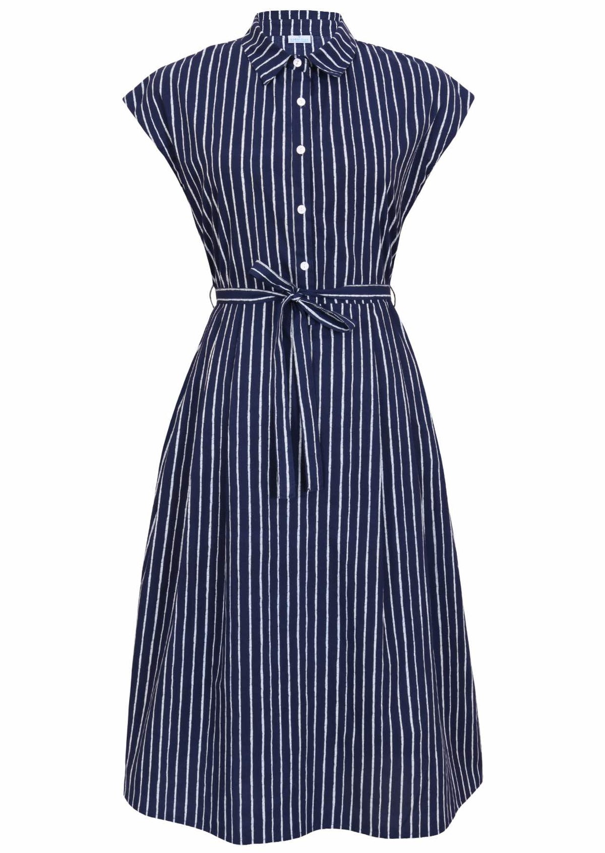 Navy blue based print cotton dress with removable waist tie.