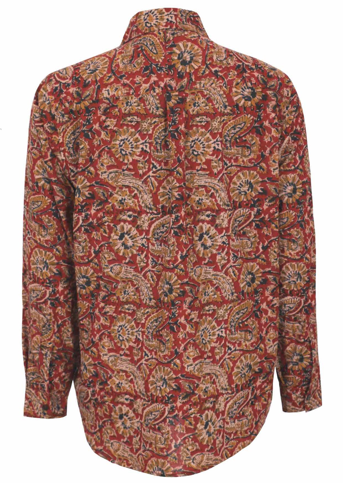 Cotton long sleeve collared shirt with box pleat in centre back in Indian floral print on a rust base