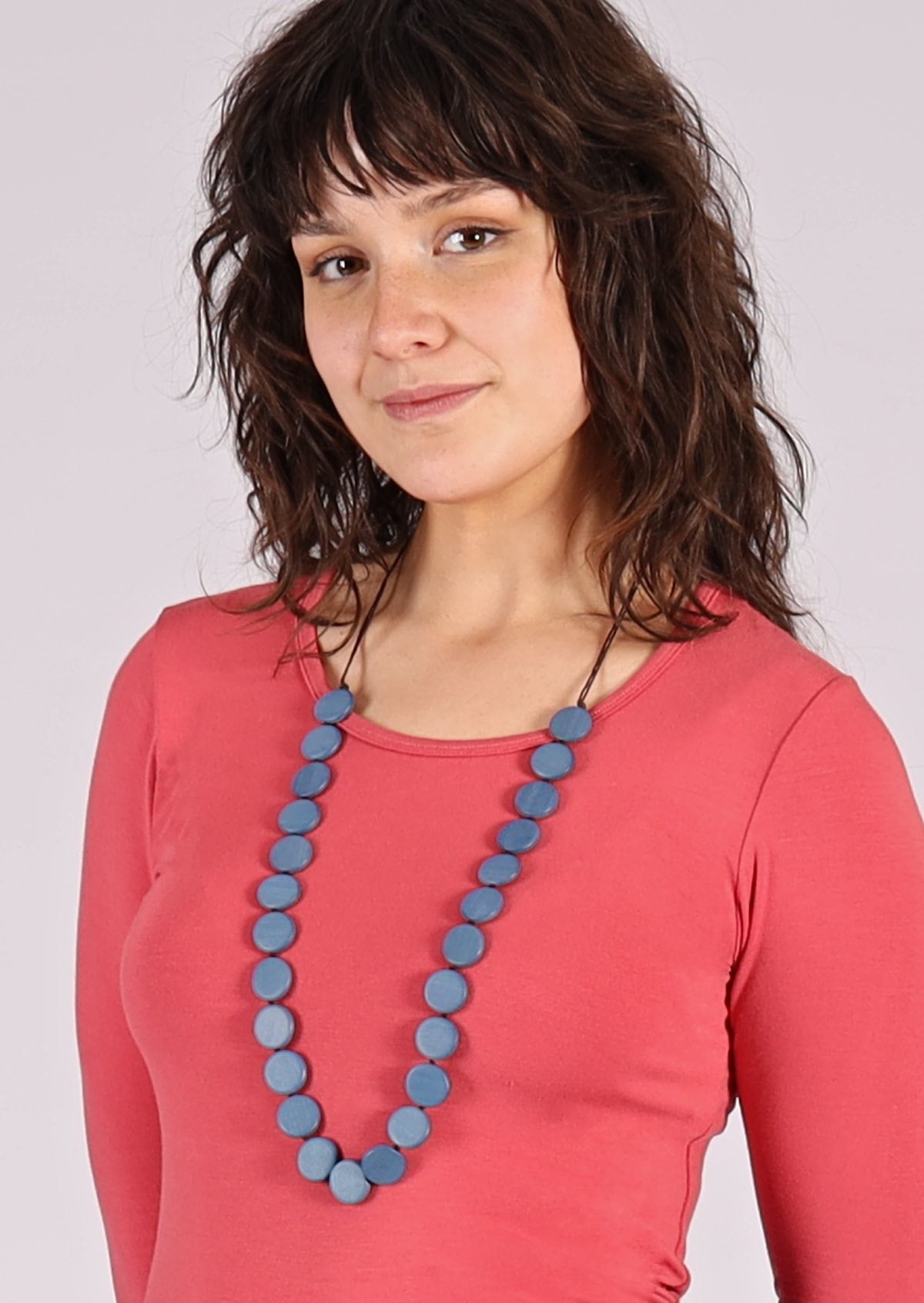 Muted blue Pangantuon wood disc long necklace