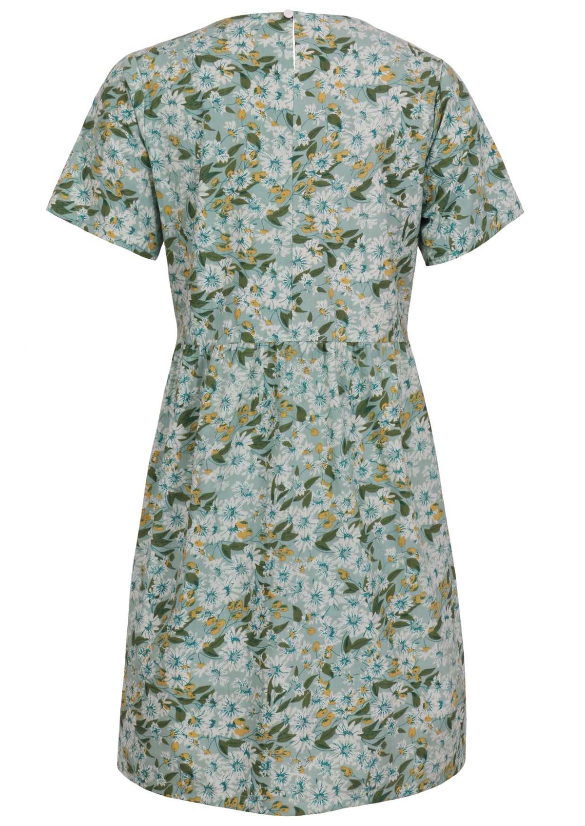Back view of above knee length cotton dress with short sleeves and button at nape of the neck in sage green based lovely floral print