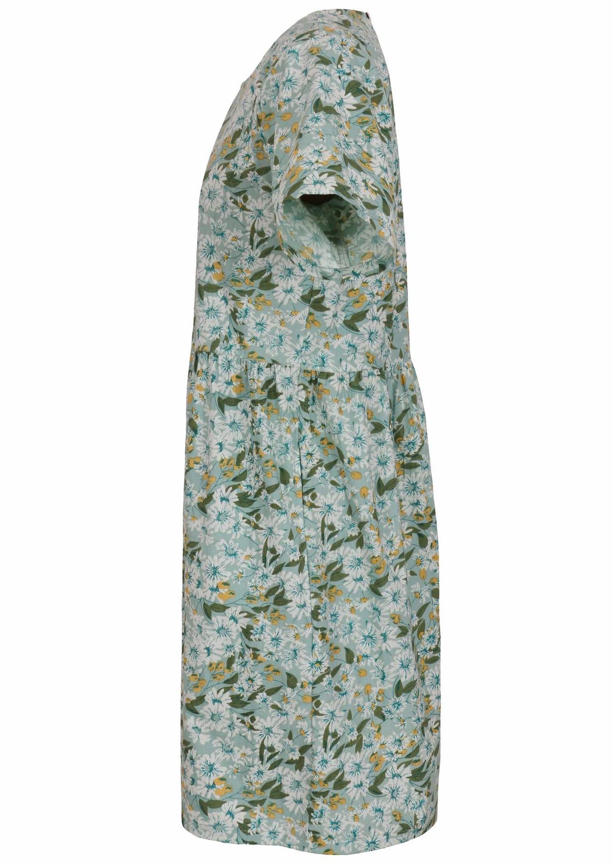 Side view of loose fitting cotton dress in sage green with short sleeves and hidden side pockets