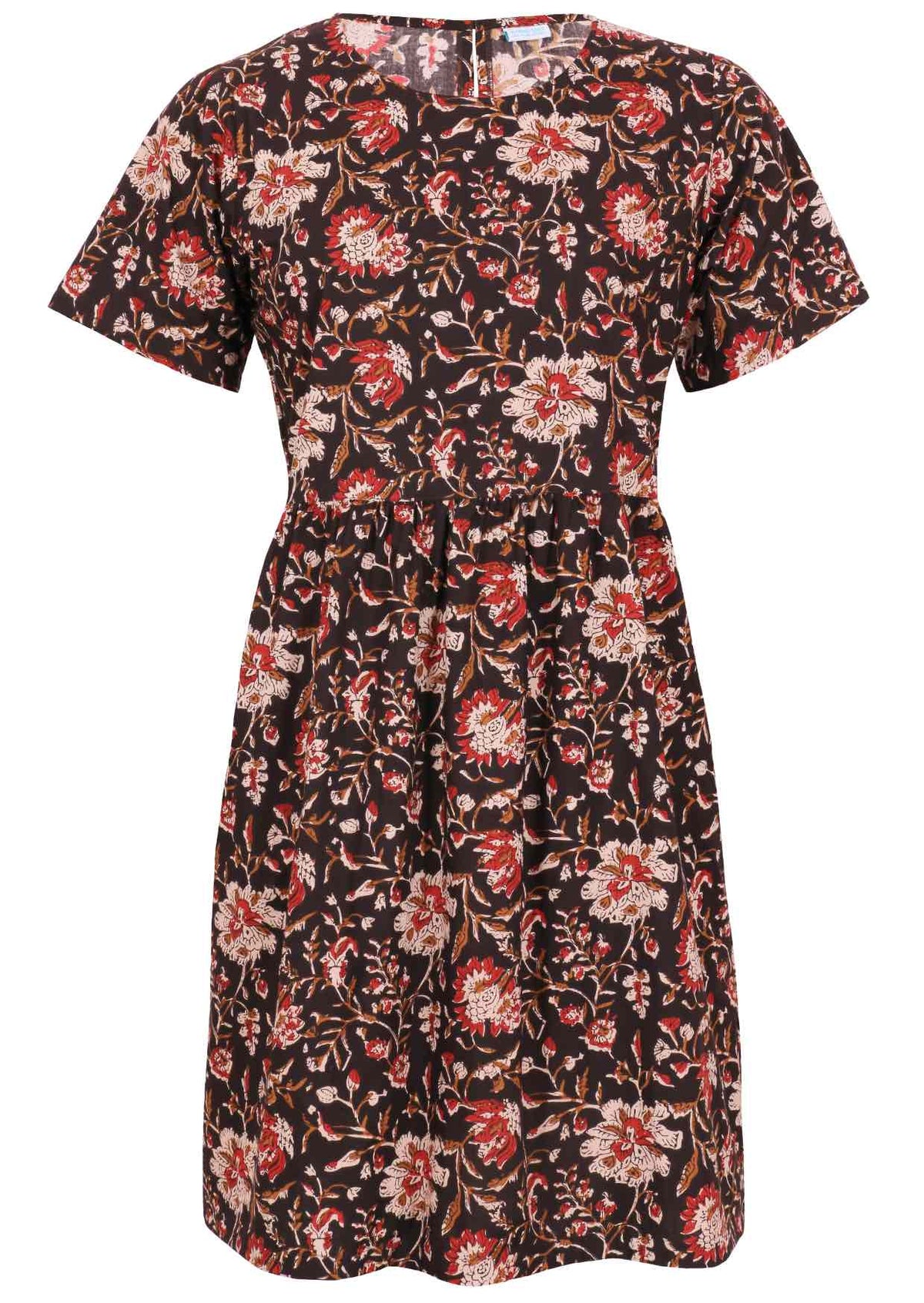 Black based traditional Indian floral print cotton dress with round neckline.