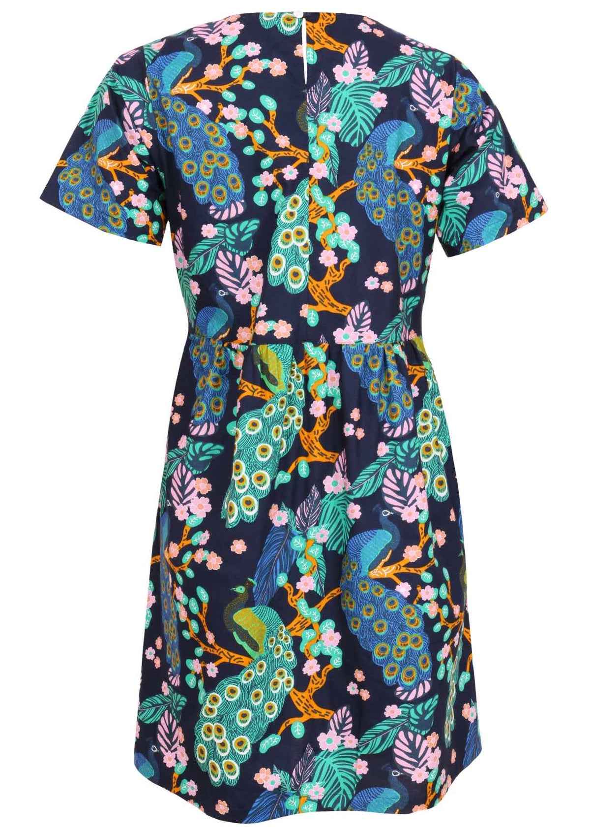 Back view of above knee length cotton dress with short sleeves and button at nape of the neck in navy blue based lovely floral print