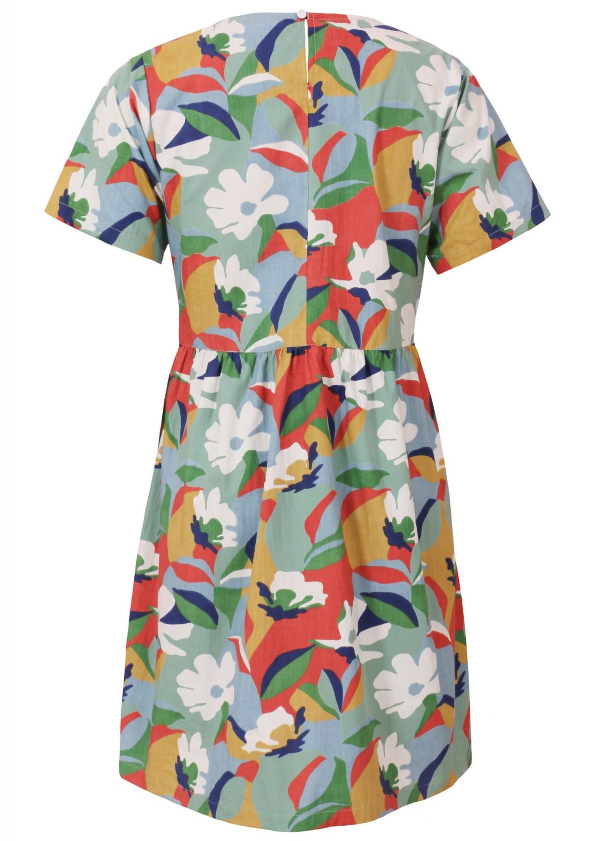 Back view of above knee length cotton dress with short sleeves and button at nape of the neck in retro floral print.