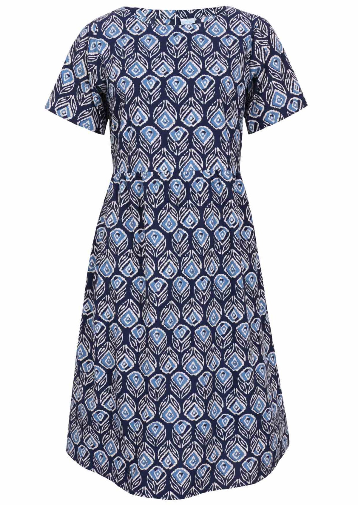 Front mannequin photo of cotton dress with short sleeves in navy based floral print