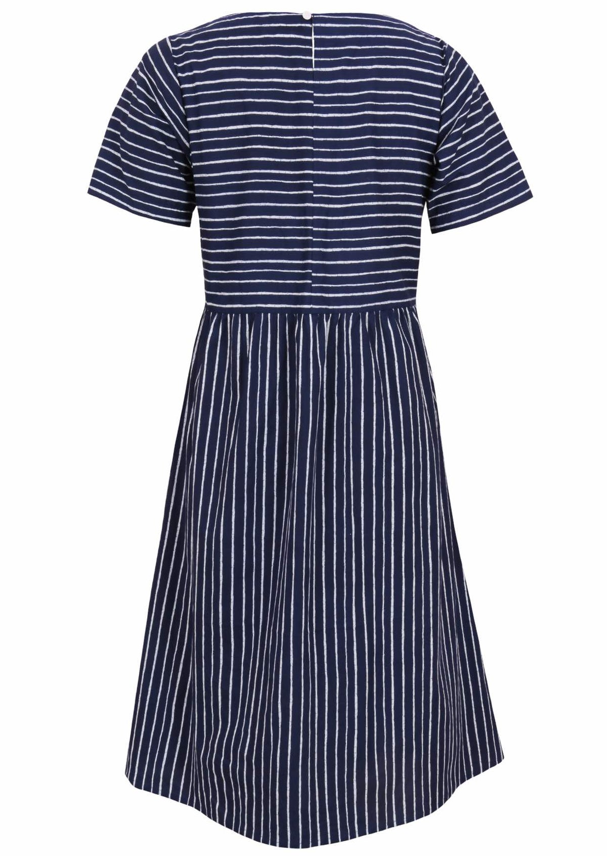Back view of short sleeve maxi dress with pockets and button at nape of neck back view