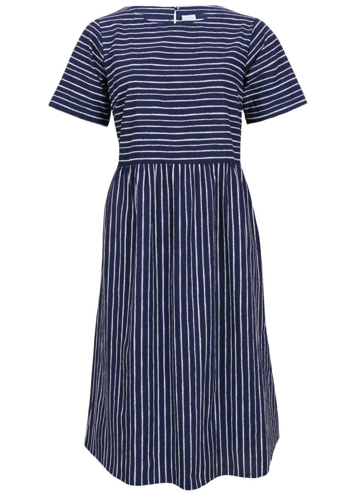 Front mannequin photo of cotton dress with short sleeves in navy based white striped print