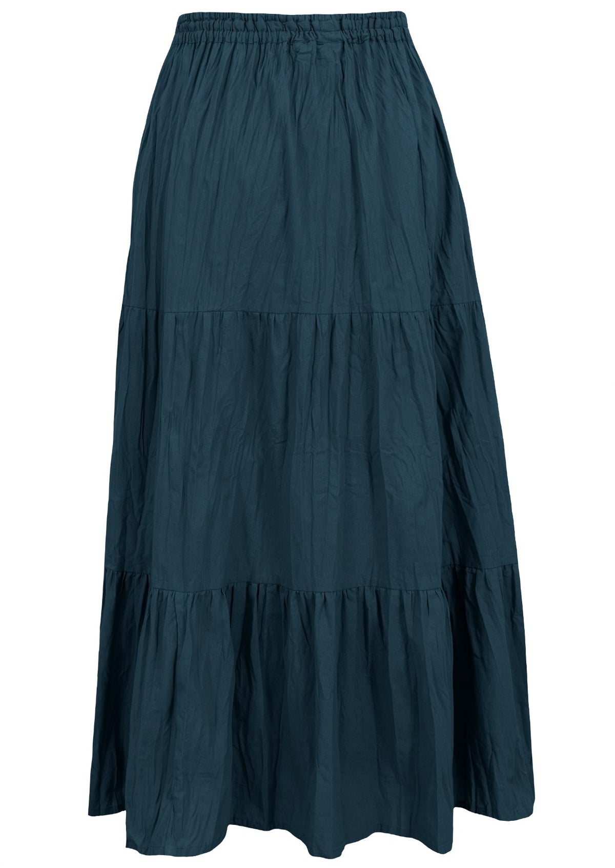 Back view of deep teal 100% cotton skirt with elasticated waistband and drawstring