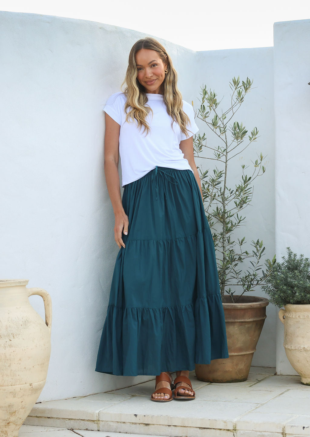 Woman wearing a Maxi Skirt in plain deep teal colour, 100% cotton skirt with drawstring waistband
