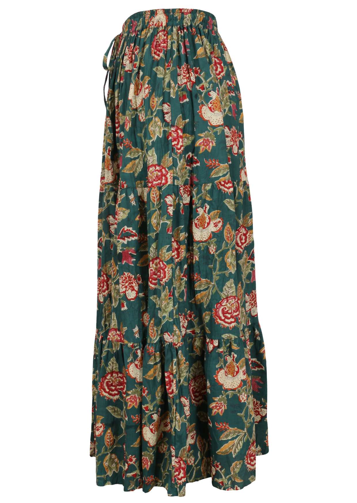 Side view of white 100% cotton skirt with elasticated waistband and drawstring