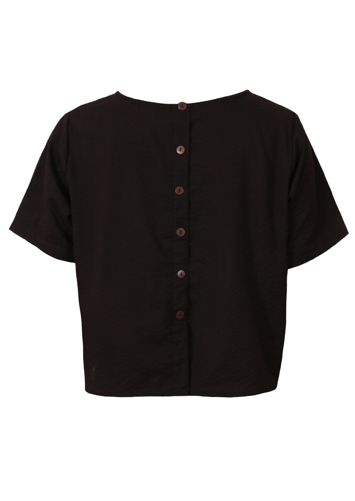 Black non-stretch cotton seersucker top with decorative buttons down the back