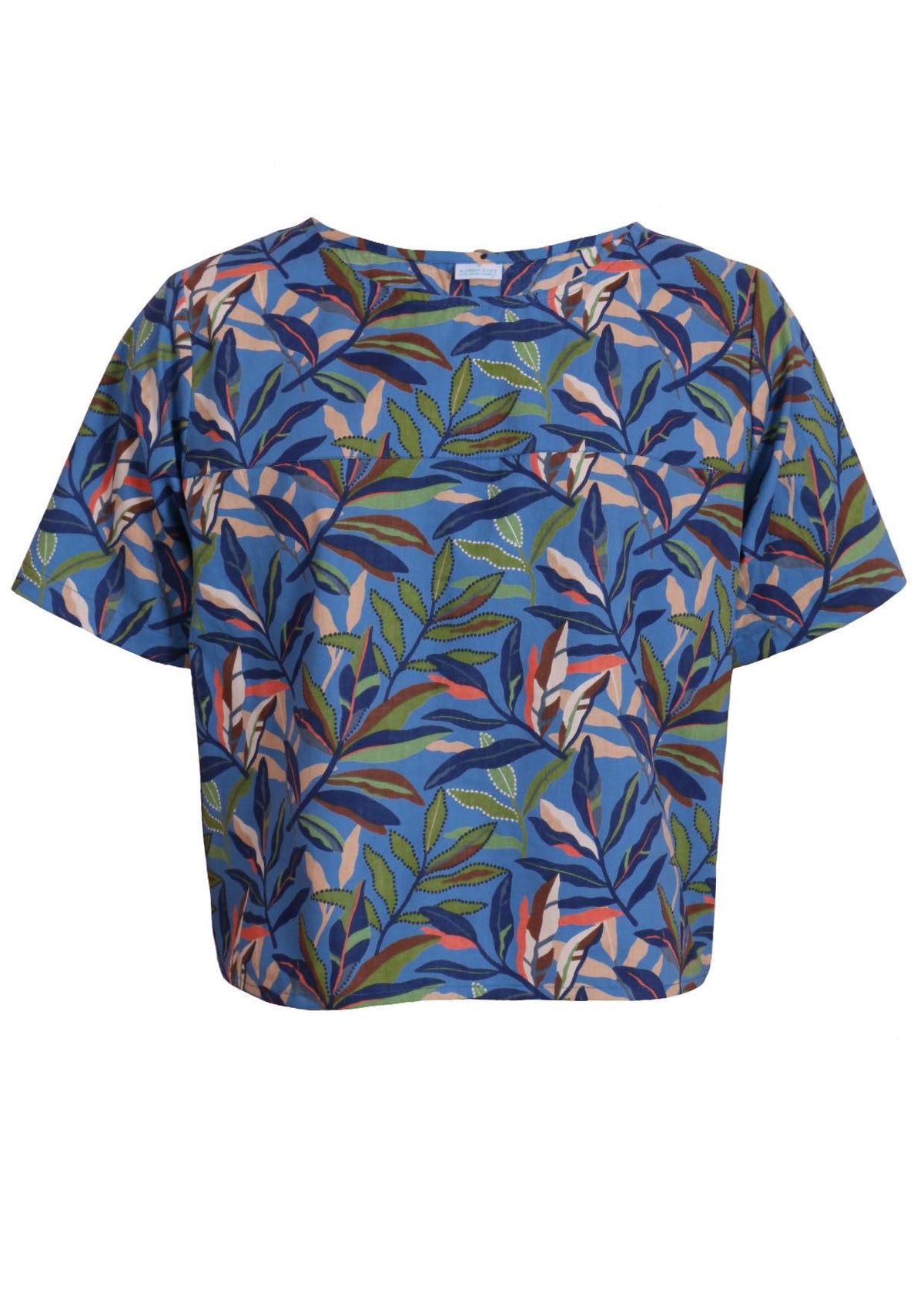 Blue 100 per cent cotton boxy blouse with multi coloured leaves front view