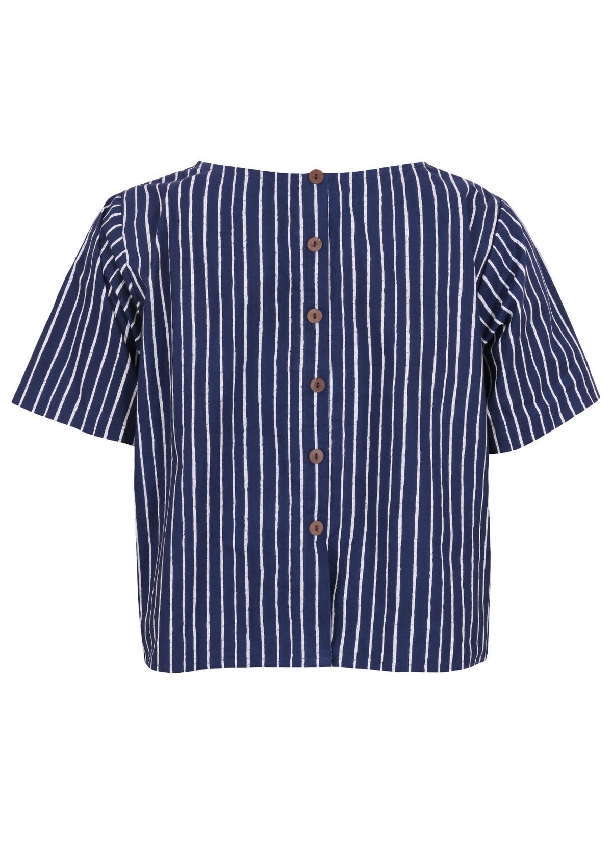 Back view of navy blue based print with white stripes cotton relaxed fit short sleeved top with round neckline