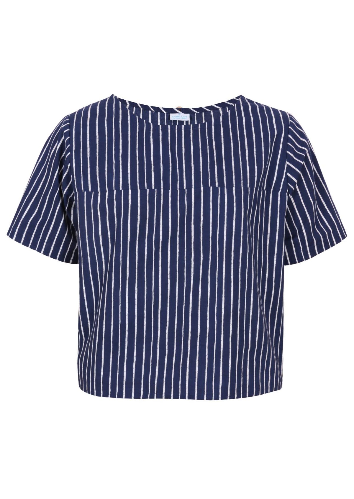 Navy blue based print with white stripes cotton relaxed fit short sleeved top with round neckline