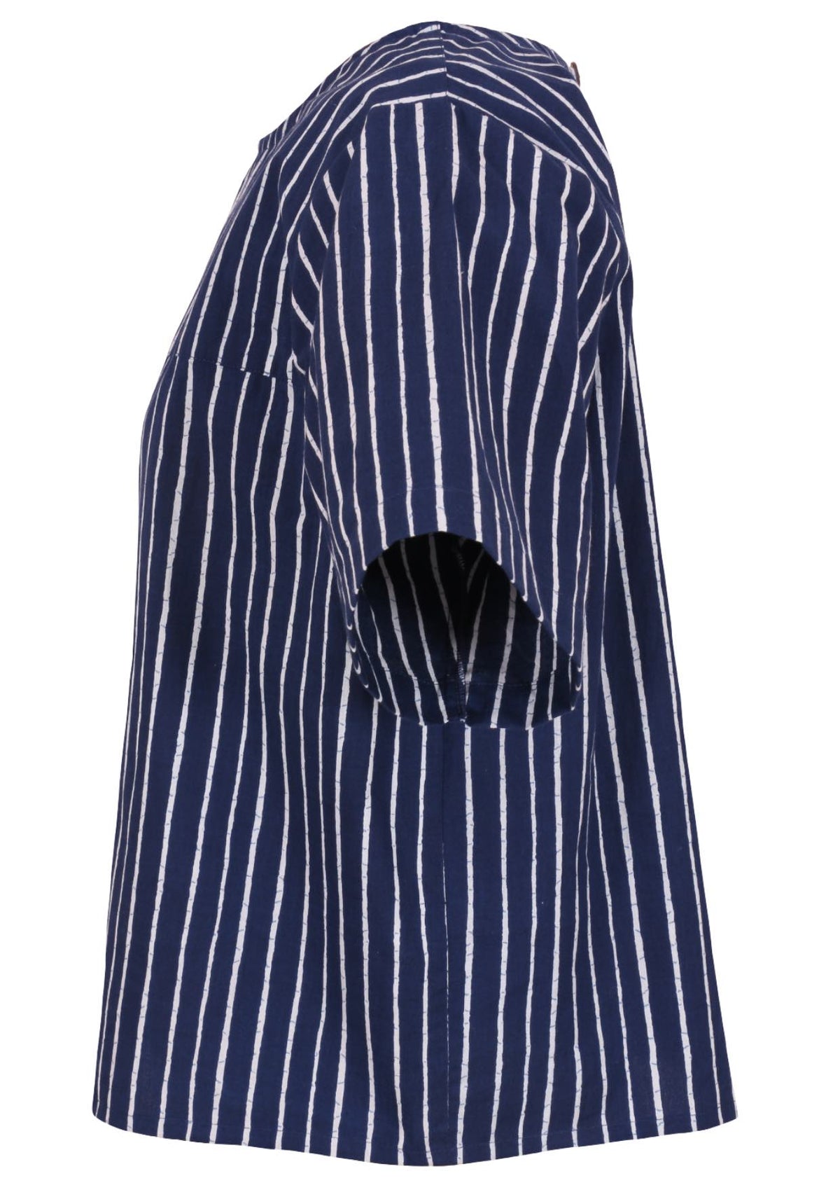 Side view of navy blue based print with white stripes cotton relaxed fit short sleeved top with round neckline