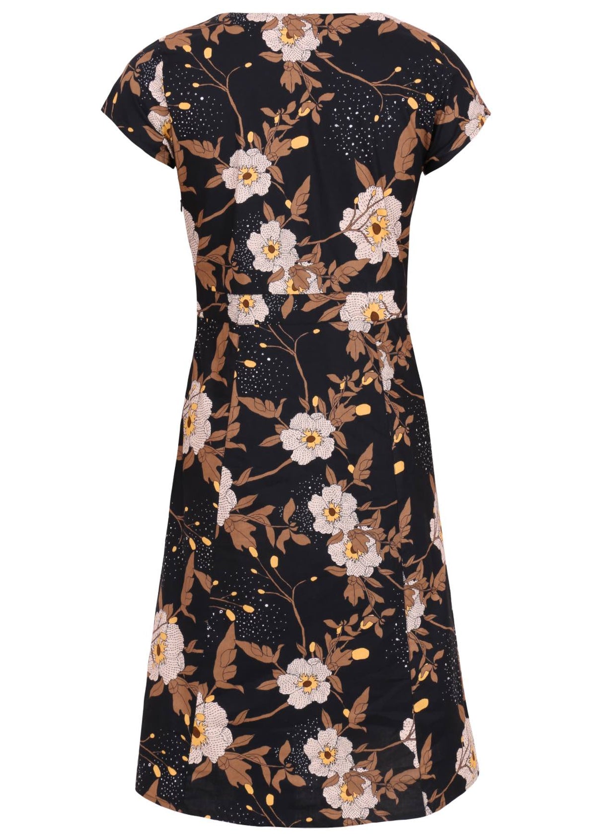 Back view of floral cotton dress with print featuring white blooms, tan foliage, and warm buttercup highlights on a black base.