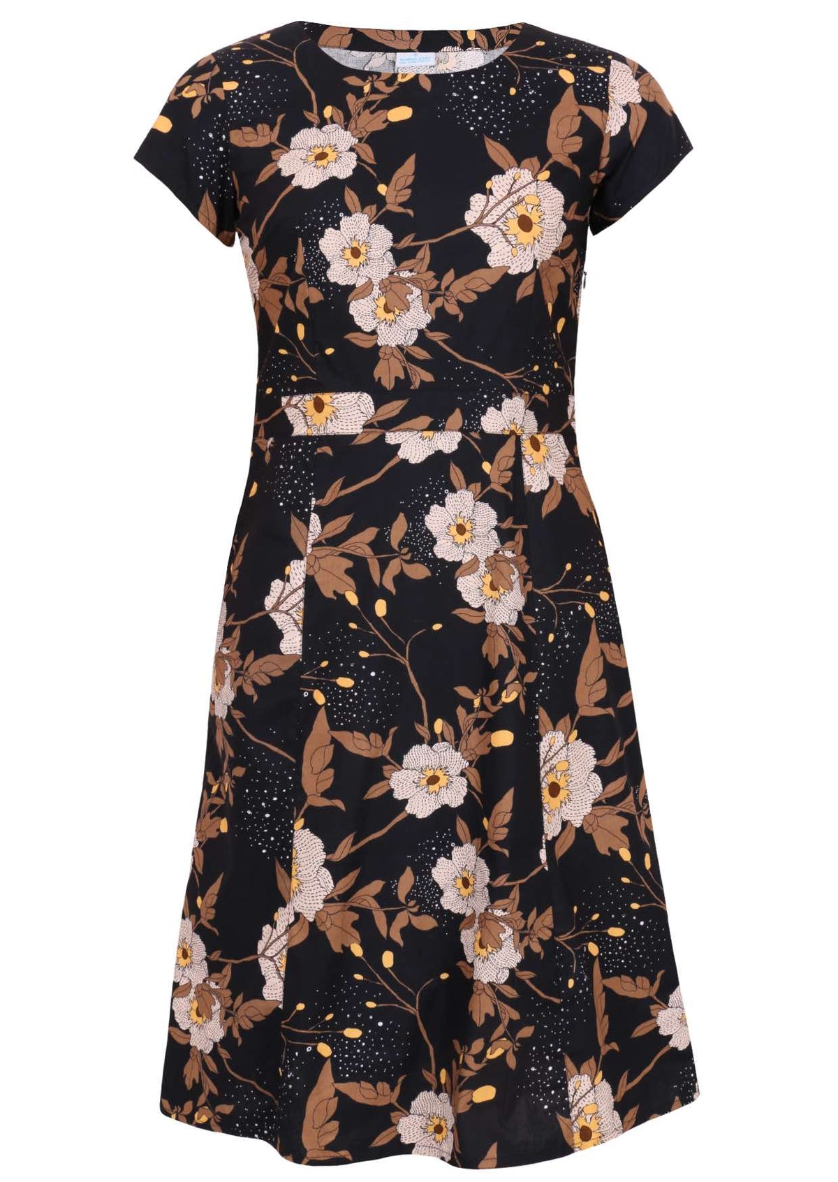 Cotton cap sleeved dress in floral print on a black background