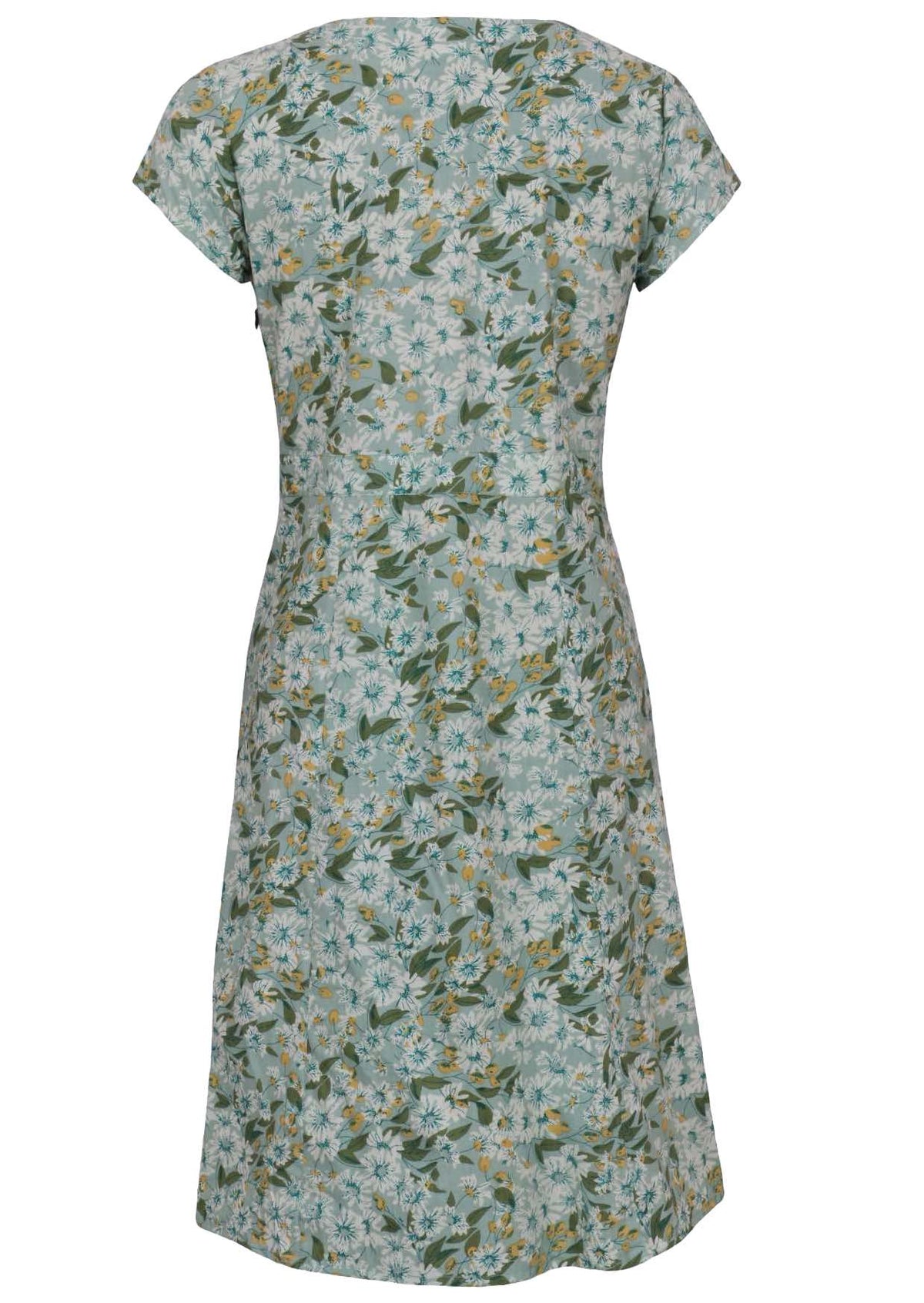 Back view of floral cotton dress with sage green based floral print.
