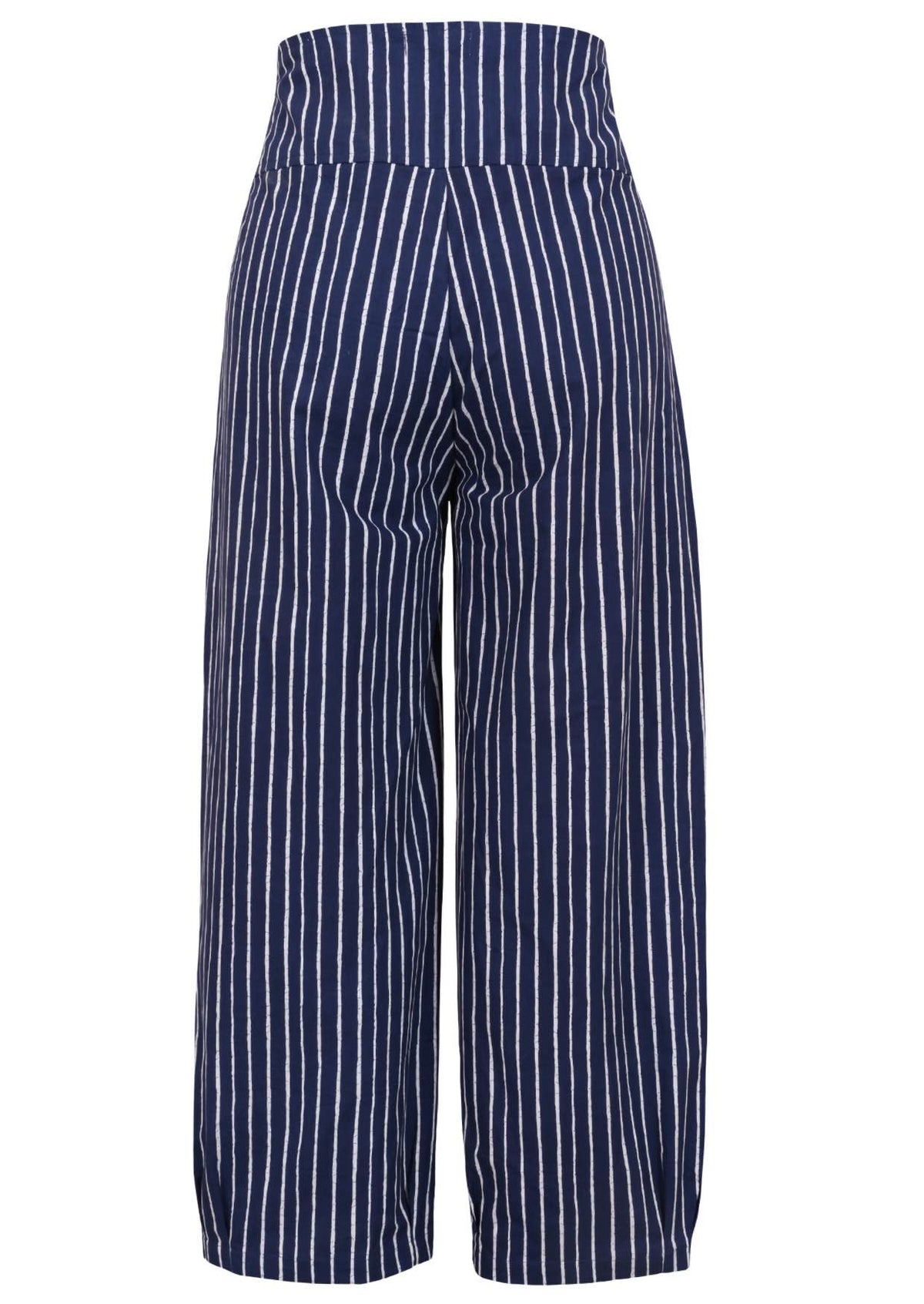 Back view of 100% cotton wide leg cotton pant with navy blue based print with pockets.