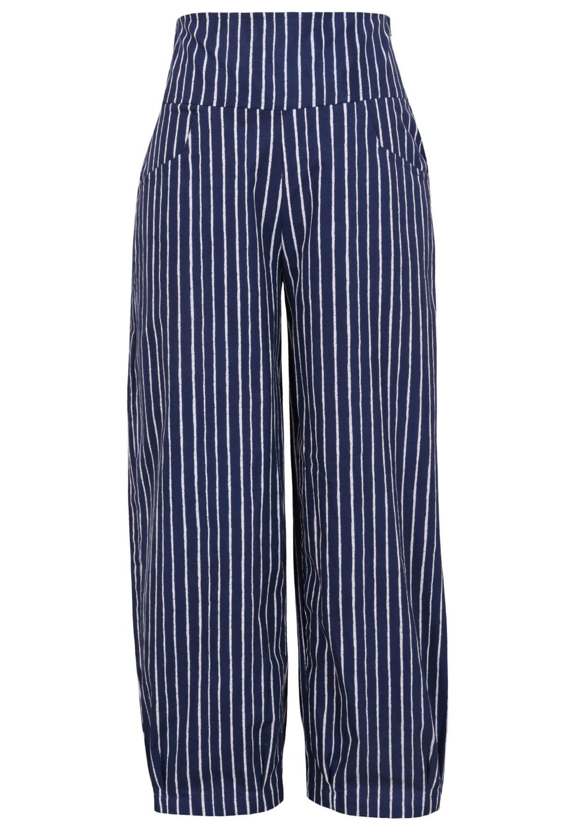 Front view of 100% cotton wide leg cotton pant with navy blue based print