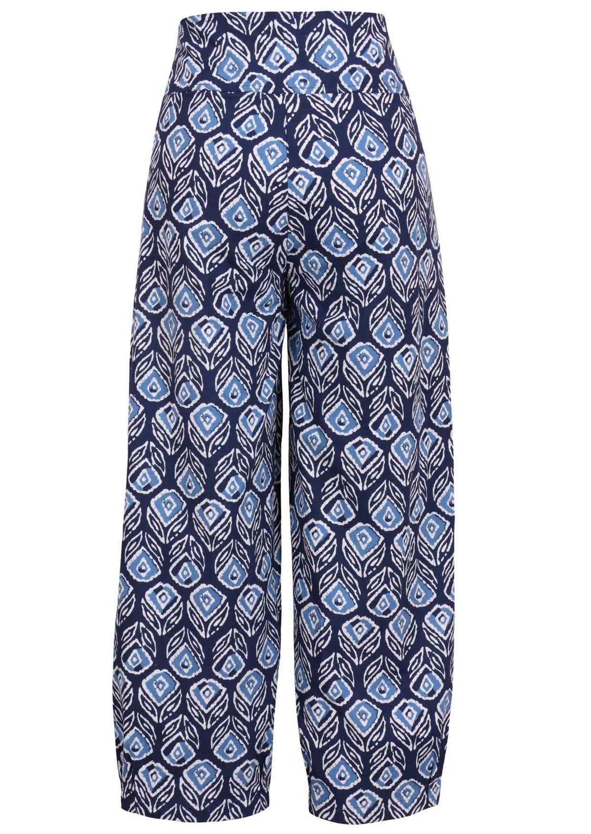 Back view of 100% cotton wide leg cotton pant with navy blue based print with pockets.
