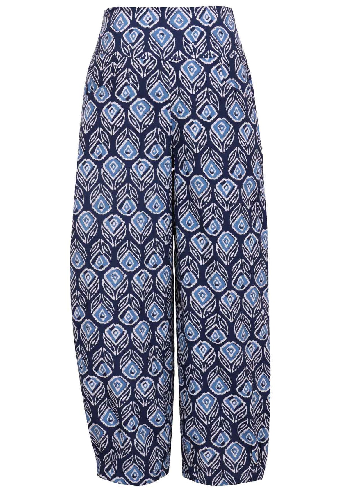Front view of 100% cotton wide leg cotton pant with navy blue based print