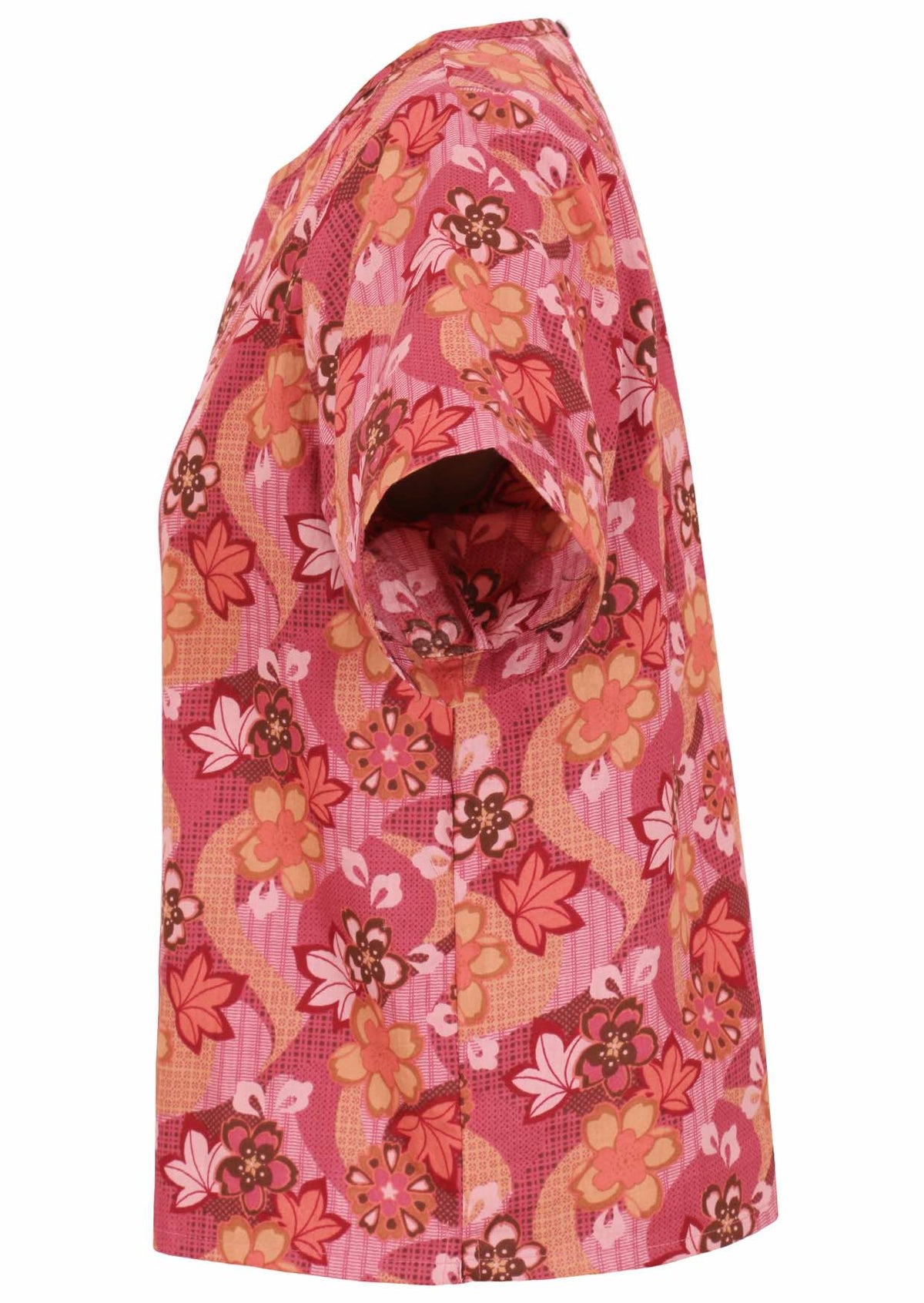 Japanese-style print cotton top in pink, maroon, brown, peach, and khaki tones with short sleeves.
