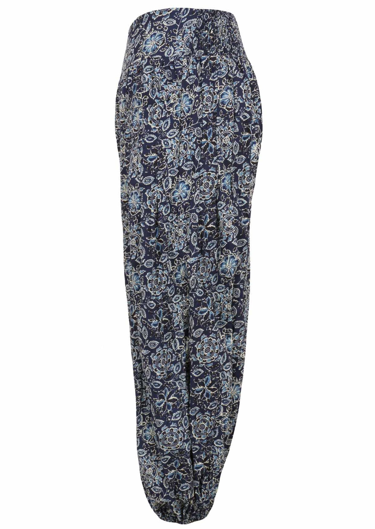 Navy blue based floral print cotton harem pants with elasticated back waistband.