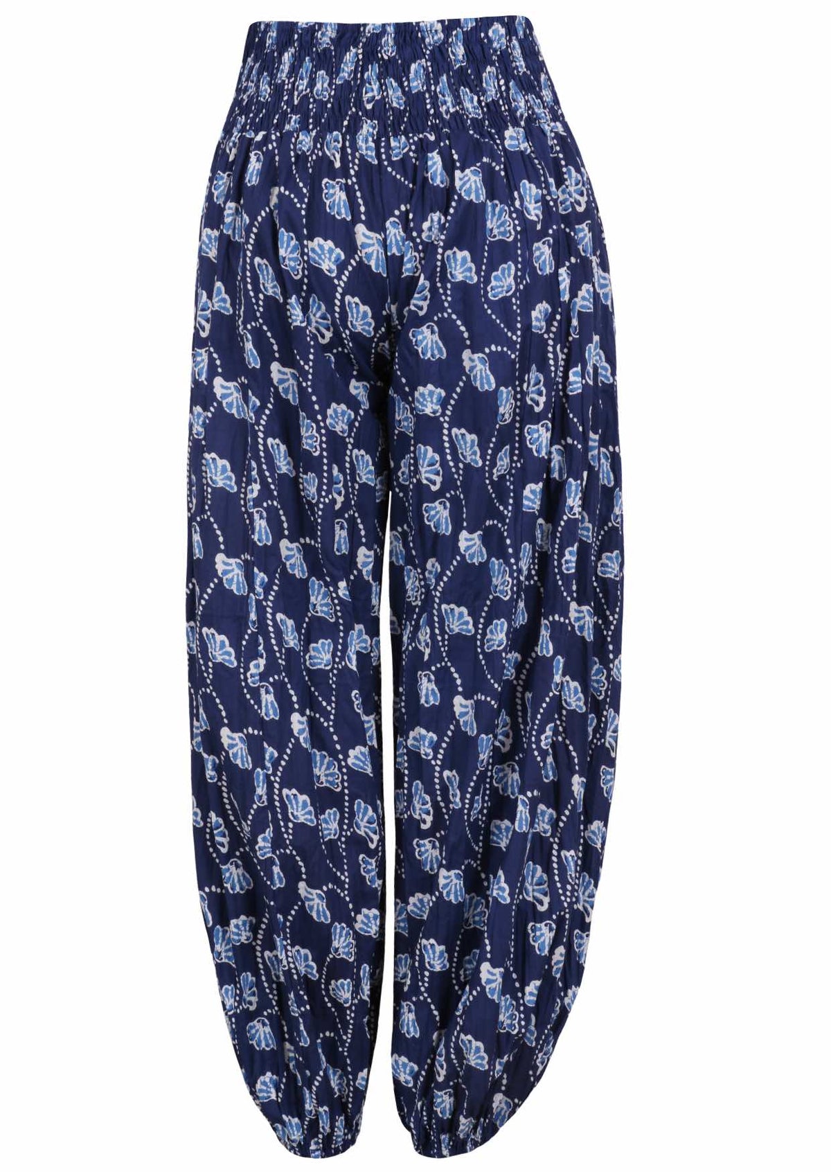 Navy blue based floral print harem cotton pants with buttoned ankles.