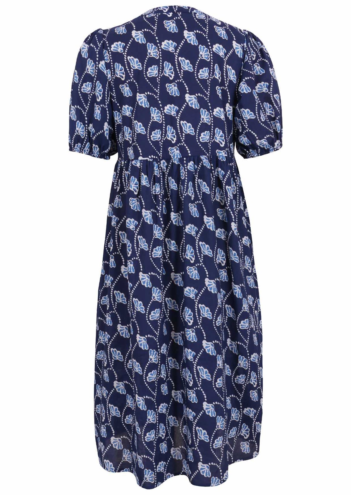 100% Cotton floral shin length dress in navy blue with empire waistline, pockets and mandarin collar