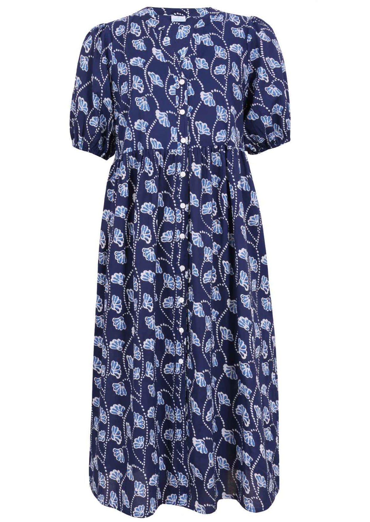 100% Cotton navy blue floral, button through dress with elbow length sleeves and pockets.