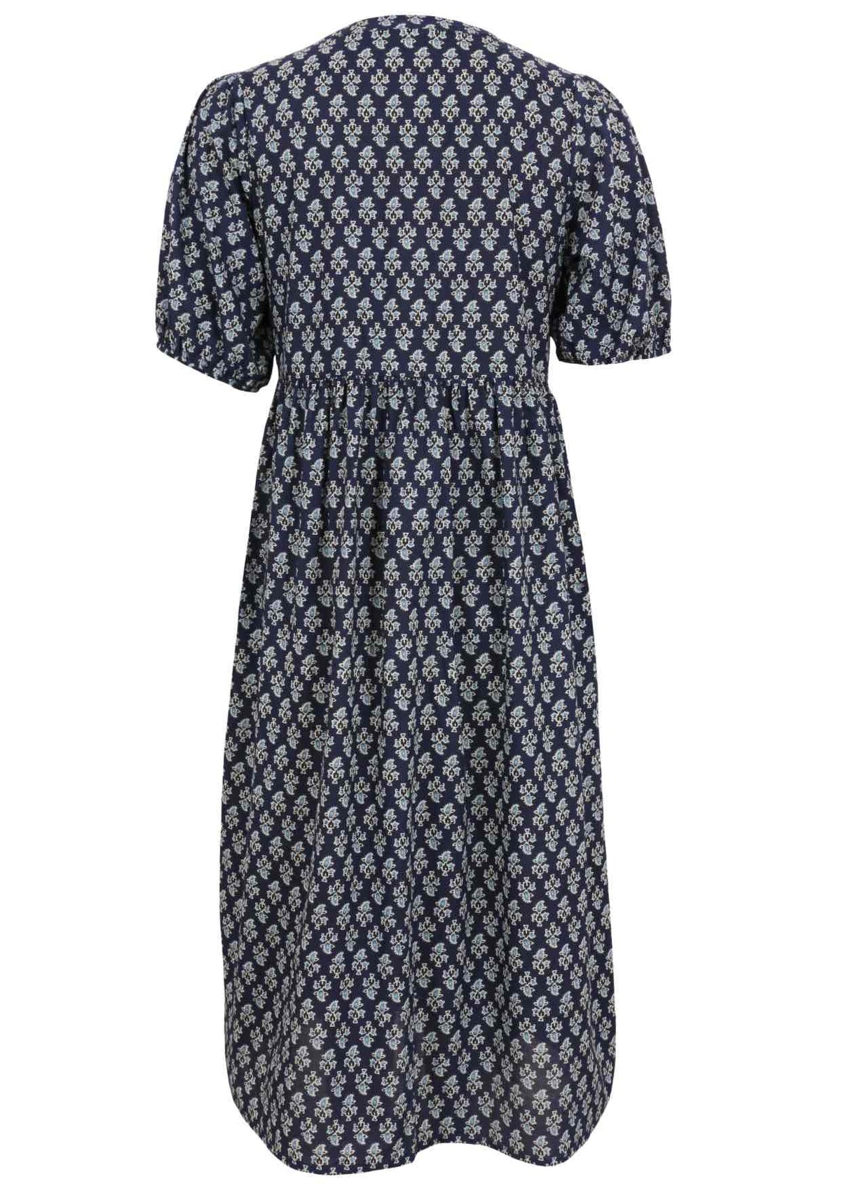 100% Cotton floral shin length dress in navy blue with empire waistline, pockets and mandarin collar