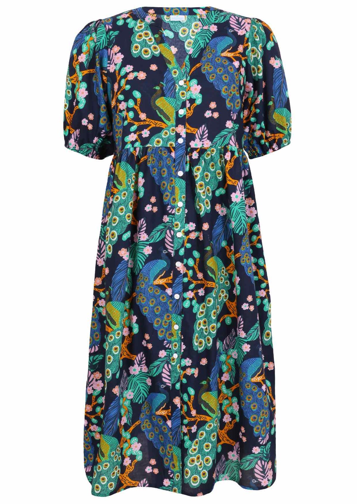 100% Cotton navy blue floral, button through dress with elbow length sleeves and pockets.
