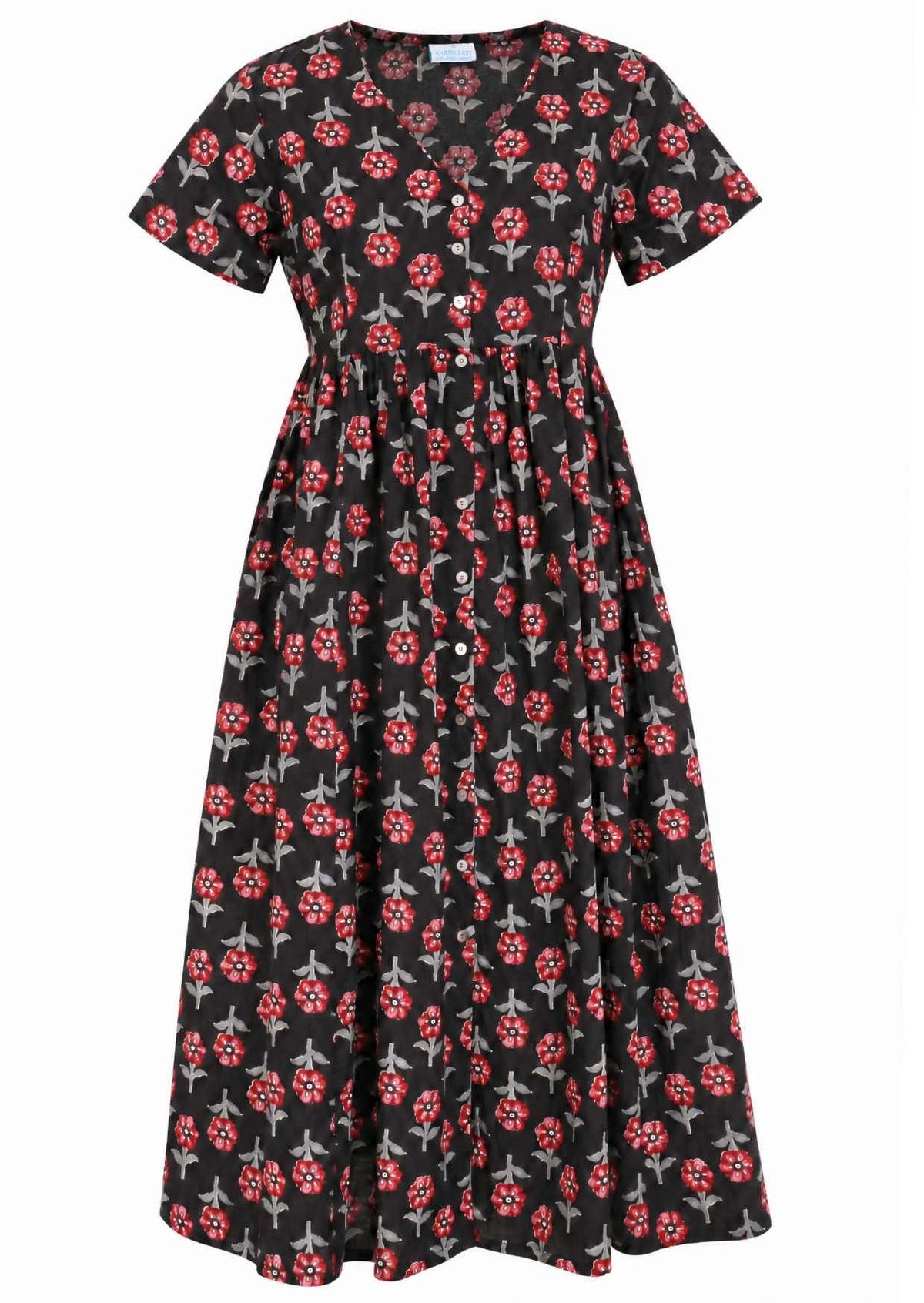 Front view of black based floral print V-neck cotton dress.